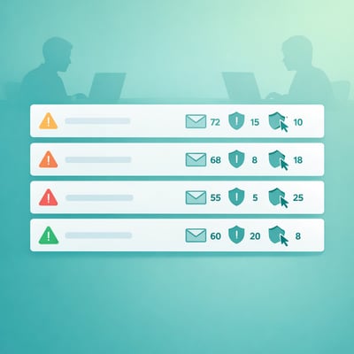 digital art illustration of a controlled phishing simulation dashboard list of email campaign cards targeting different departments each with small ri