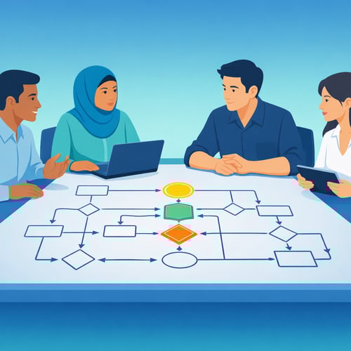 digitalart digital art clean illustration of a virtual tabletop exercise asian indian malay eurasain figures sitting around a table outlined with line-2