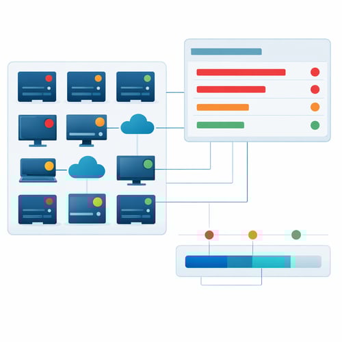 digitalart digital art illustration of a vulnerability assessment dashboard grid of servers and applications with coloured risk indicators one panel s